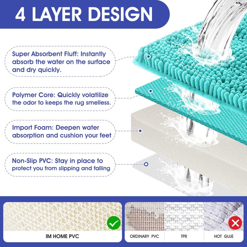 ACCUMTEK Striped Teal Green Bathroom Rug Set 3 Pieces Ultra Soft, Non Slip Chenille Toilet Mat, Absorbent Plush Shaggy Bath Mats for Bathroom, Bedroom, Kitchen, Turquoise - Image 4