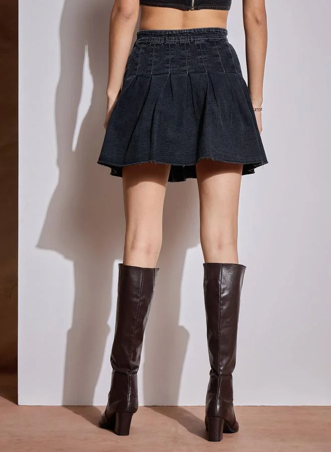 SASSAFRAS SASSAFRAS Washed Denim Pleated A-Line Mini Skirt