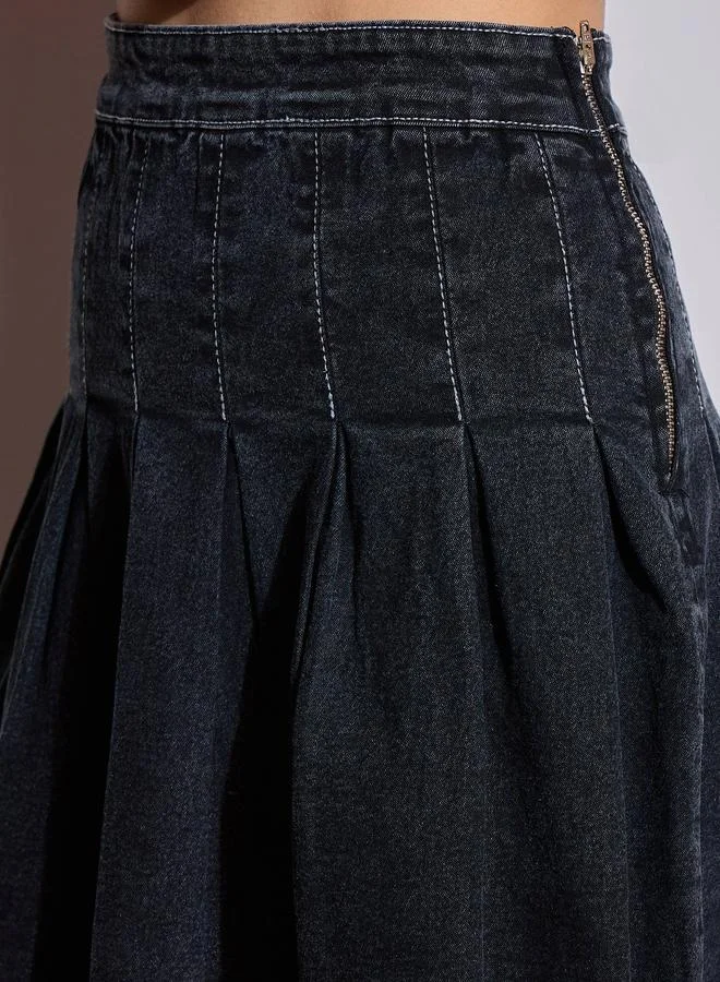SASSAFRAS SASSAFRAS Washed Denim Pleated A-Line Mini Skirt