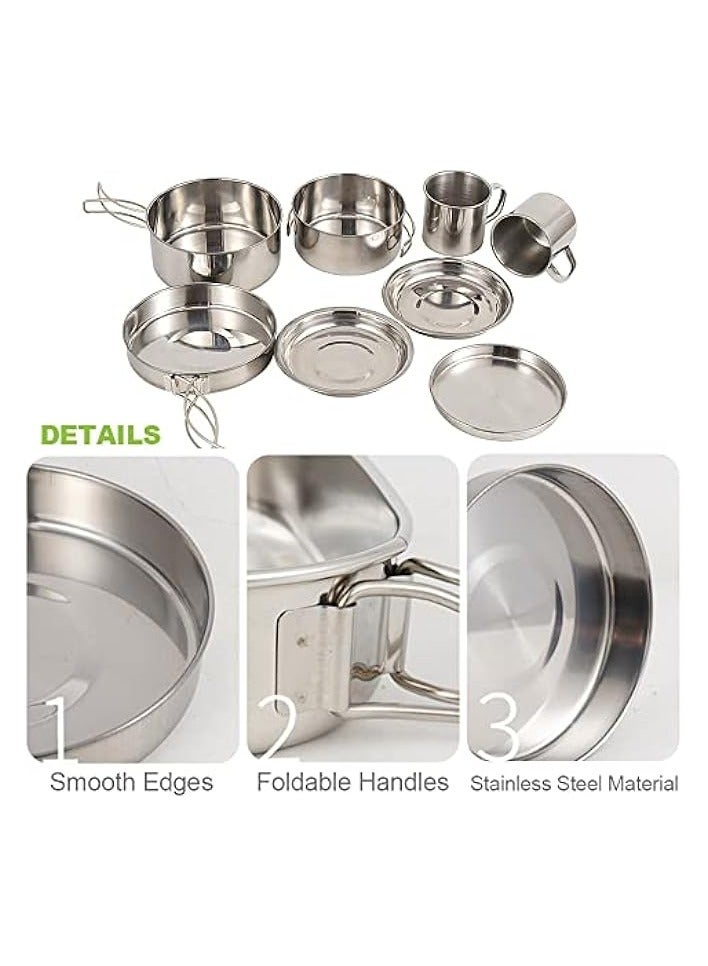 erorex Camping Cookware Mess Kit 8PCS Stainless Steel Cooking Pot and Pan Set with Plates Cups for Outdoor Camping Hiking Backpacking - Image 2