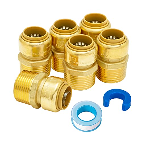 SUNGATOR 3/4 Inch x 1 Inch Male NPT Adapter, No Lead Brass Push-to-Connect Plumbing Fittings to Connect PEX, Copper, CPVC, With A Disconnect Clip and A Sealing Tape, Pack of 6 - Image 1