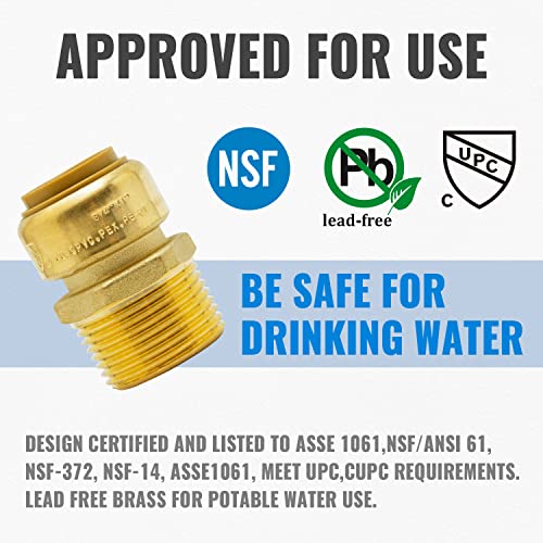 SUNGATOR 3/4 Inch x 1 Inch Male NPT Adapter, No Lead Brass Push-to-Connect Plumbing Fittings to Connect PEX, Copper, CPVC, With A Disconnect Clip and A Sealing Tape, Pack of 6 - Image 2