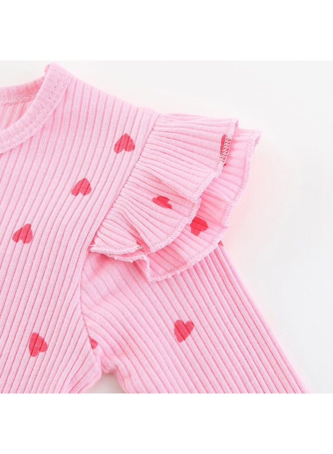 Fullfamous Baby Girl's 3pc Rib Frill Long Sleeve Romper and Pant Set, Pink With Hearts 1, 0-3 Months - Image 3
