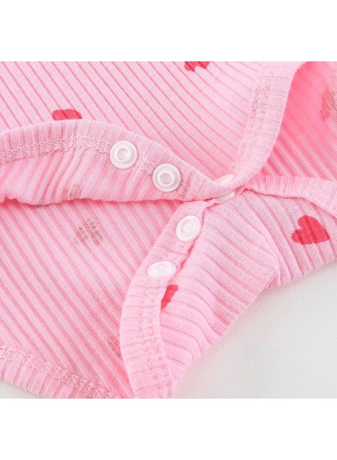 Fullfamous Baby Girl's 3pc Rib Frill Long Sleeve Romper and Pant Set, Pink With Hearts 1, 0-3 Months - Image 5