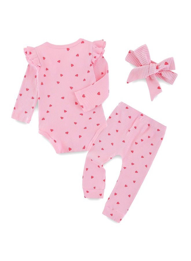 Fullfamous Baby Girl's 3pc Rib Frill Long Sleeve Romper and Pant Set, Pink With Hearts 1, 0-3 Months - Image 2