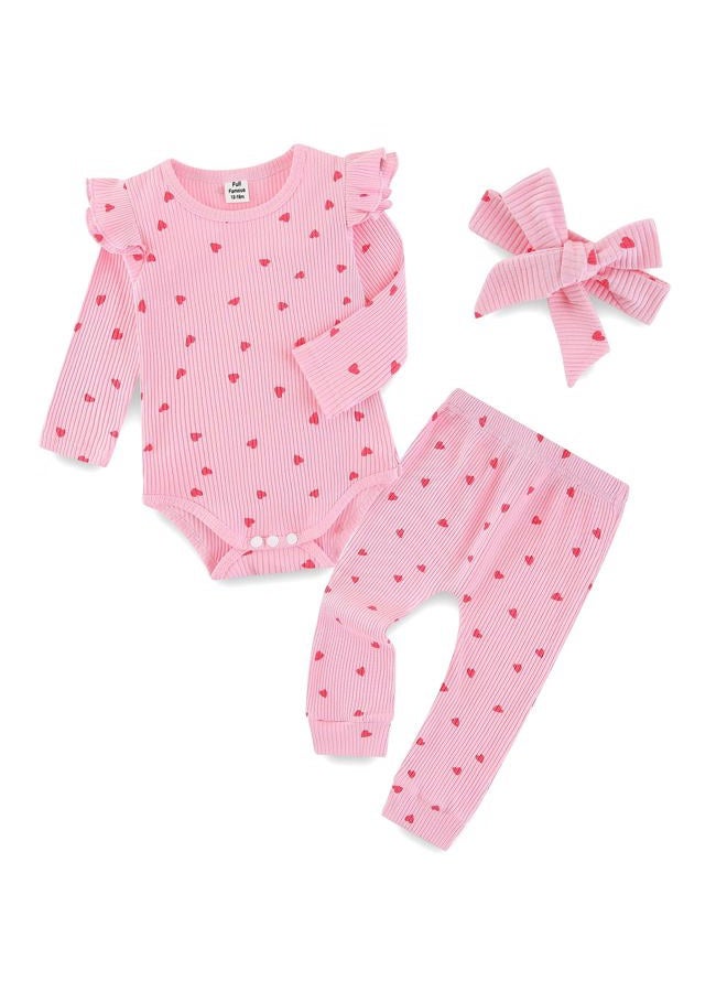 Fullfamous Baby Girl's 3pc Rib Frill Long Sleeve Romper and Pant Set, Pink With Hearts 1, 0-3 Months - Image 1