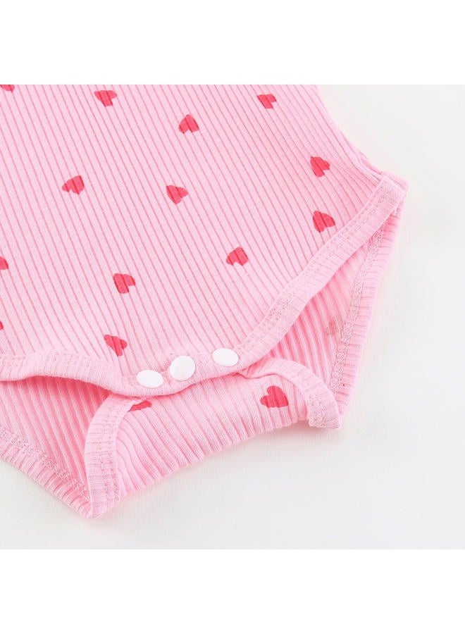 Fullfamous Baby Girl's 3pc Rib Frill Long Sleeve Romper and Pant Set, Pink With Hearts 1, 0-3 Months - Image 4