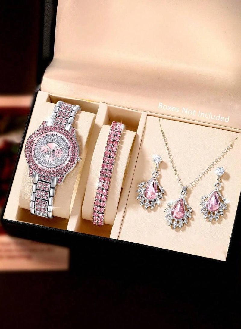 Luxury Women’s Accessory Set with Watch, Bracelet, Necklace, and Earrings Adorned with Pink Crystals – Elegant Accessories for Parties and Gifts - Image 1