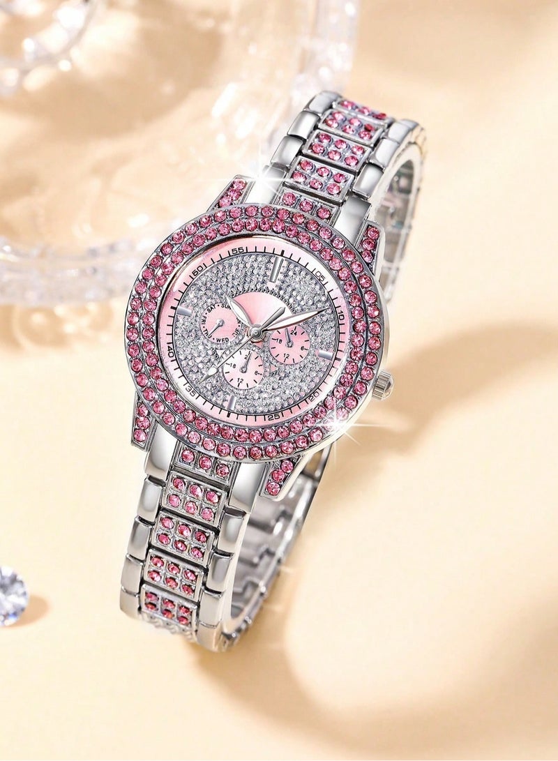 Luxury Women’s Accessory Set with Watch, Bracelet, Necklace, and Earrings Adorned with Pink Crystals – Elegant Accessories for Parties and Gifts - Image 2