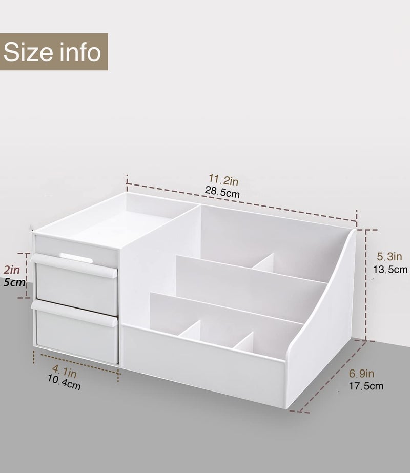MOSHTU Multi Grid Plastic Desktop Storage Organizer Cosmetic Organizer with 2 Drawer Sundries Cosmetics Box Modern Countertop Storage for Dressing Table (10.6 x 6.3 x 4.5 inches) (White) - Image 4