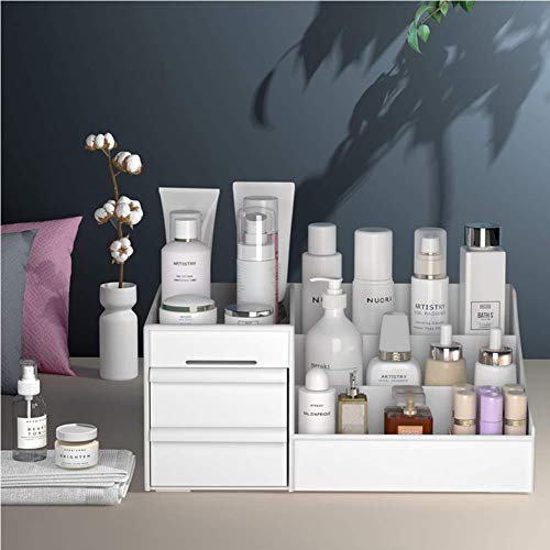 MOSHTU Multi Grid Plastic Desktop Storage Organizer Cosmetic Organizer with 2 Drawer Sundries Cosmetics Box Modern Countertop Storage for Dressing Table (10.6 x 6.3 x 4.5 inches) (White) - Image 2