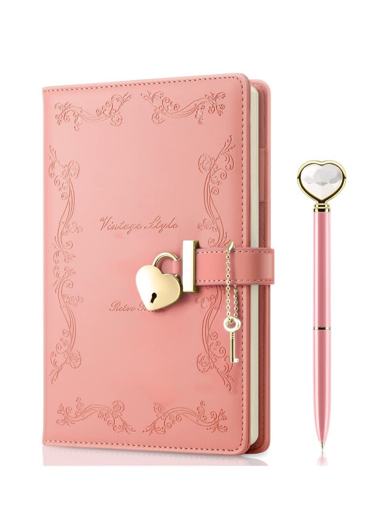 CMGTYYD Lock Diary with Key and Pen for Girls, 192 Pages Vintage Leather Heart Shaped Journal Notebook with Lock and Diamond Pen, A5 Cute Locked Secret Diaries for Women (Pink) - Image 1