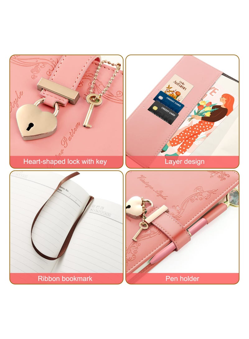 CMGTYYD Lock Diary with Key and Pen for Girls, 192 Pages Vintage Leather Heart Shaped Journal Notebook with Lock and Diamond Pen, A5 Cute Locked Secret Diaries for Women (Pink) - Image 2