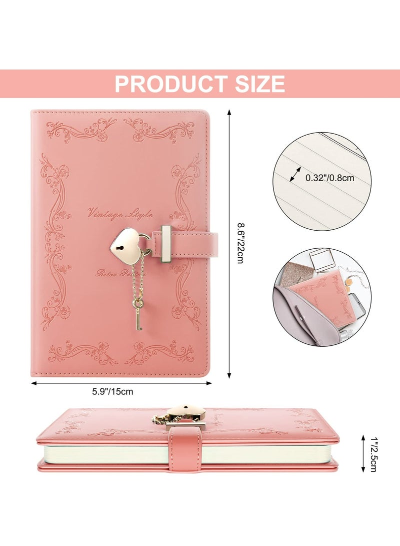 CMGTYYD Lock Diary with Key and Pen for Girls, 192 Pages Vintage Leather Heart Shaped Journal Notebook with Lock and Diamond Pen, A5 Cute Locked Secret Diaries for Women (Pink) - Image 3