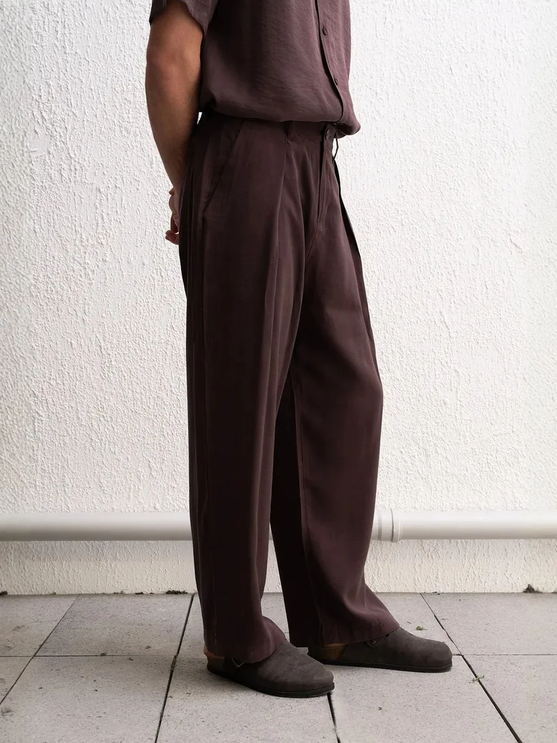 Giesto Mocha Brown GIESTO High Waist Pleated Wide Leg Pants for Men | Best Price UAE