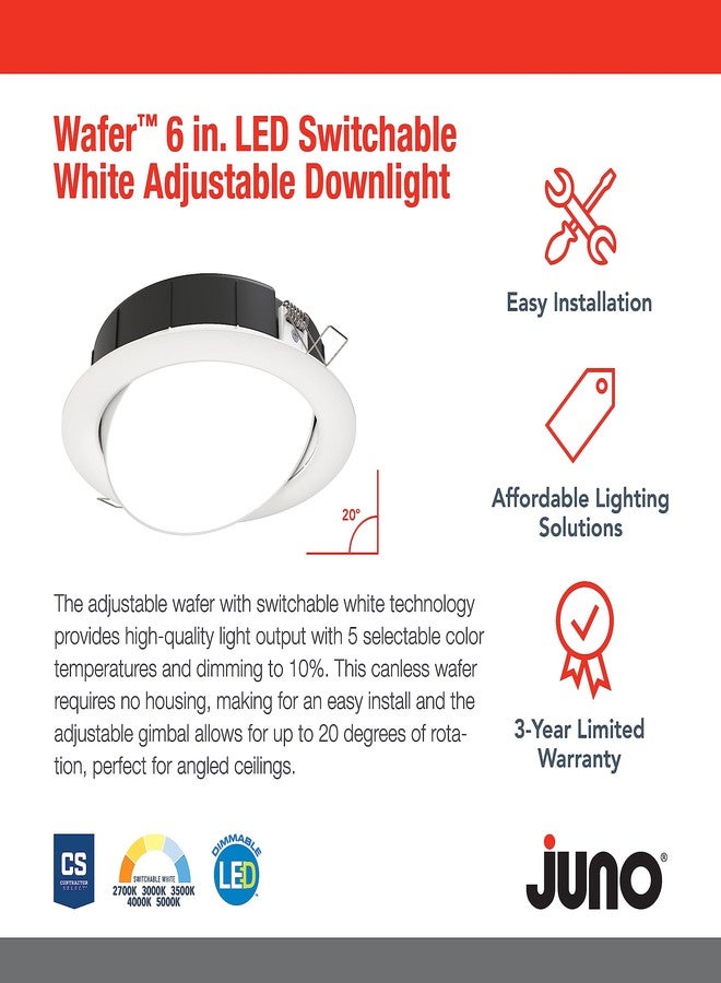 Juno LED Shower Light, Adjustable 6 Inch Wafer Downlight, Switchable Color Temperature 2700K/3000K/3500K/4000K/5000K, 90+ CRI, Matte White, 6-Inch (WF6 ADJ SWW5 90CRI MW M6) - Image 2
