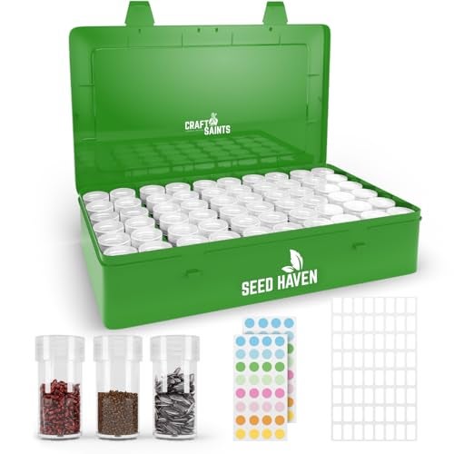 CraftSaints Seed Organizer Storage Box, Green Opaque Light Proof Seed Bank with 60 Transparent Bottles & Labels, Seed Holder Packet Organizer, Seed Vault Container for Homesteaders, Garden Tackle and Bead Sorter - Image 1