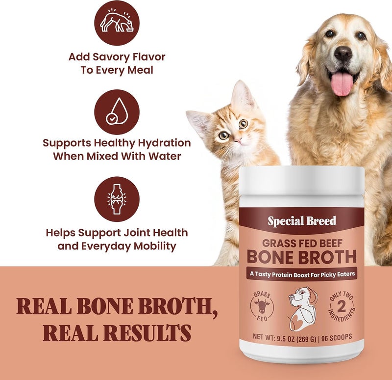 Special Breed مسحوق مرق العظام الخاص للسلالات النادرة للكلاب والقطط - إضافة طعام للكلاب والقطط، مكمل مرق لحم البقر العشبي، 9.5 أونصة - Image 2