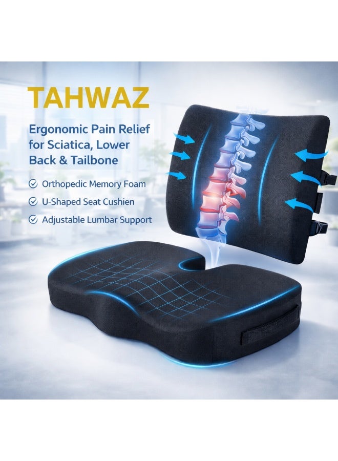 TAHWAZ Coccyx Seat Cushion & Lumbar Support Pillow – Memory Foam Office Chair & Car Seat Cushion for Sciatica, Lower Back & Tailbone Pain Relief, U-Shaped Ergonomic Design, Washable Cover - Image 1
