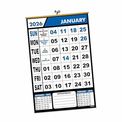 ESCAPER 2026 Wall Calendar Hanging for Home & Office Use, Monthly Planner with Indian Holidays, Large Date Blocks for Notes & Appointments, Perfect Wall Calendar for Home, School & Workplace - Image 1