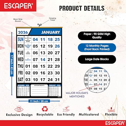 ESCAPER 2026 Wall Calendar Hanging for Home & Office Use, Monthly Planner with Indian Holidays, Large Date Blocks for Notes & Appointments, Perfect Wall Calendar for Home, School & Workplace - Image 4