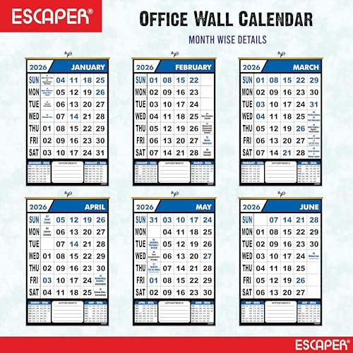 ESCAPER 2026 Wall Calendar Hanging for Home & Office Use, Monthly Planner with Indian Holidays, Large Date Blocks for Notes & Appointments, Perfect Wall Calendar for Home, School & Workplace - Image 2