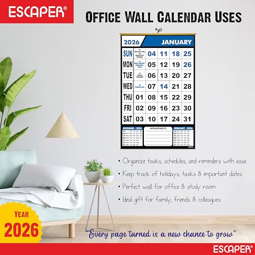 ESCAPER 2026 Wall Calendar Hanging for Home & Office Use, Monthly Planner with Indian Holidays, Large Date Blocks for Notes & Appointments, Perfect Wall Calendar for Home, School & Workplace - Image 5