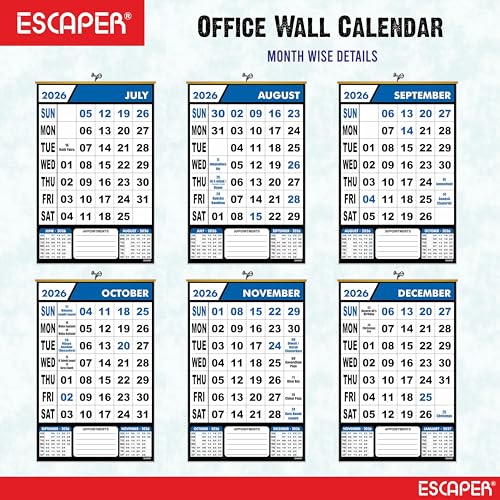 ESCAPER 2026 Wall Calendar Hanging for Home & Office Use, Monthly Planner with Indian Holidays, Large Date Blocks for Notes & Appointments, Perfect Wall Calendar for Home, School & Workplace - Image 3