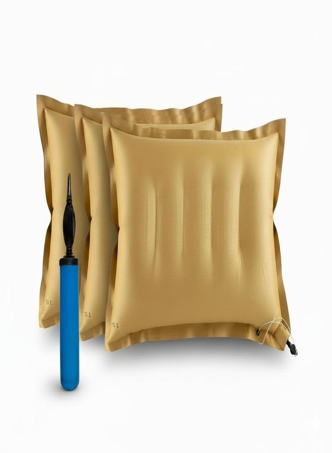 PM SQUARE Inflatable Travel Pillow, Brown, Soft Breathable Fabric, 50x35 cm, Pack of 3 with Air Pump, Lightweight and Portable for Train, Bus, Camping - Image 1