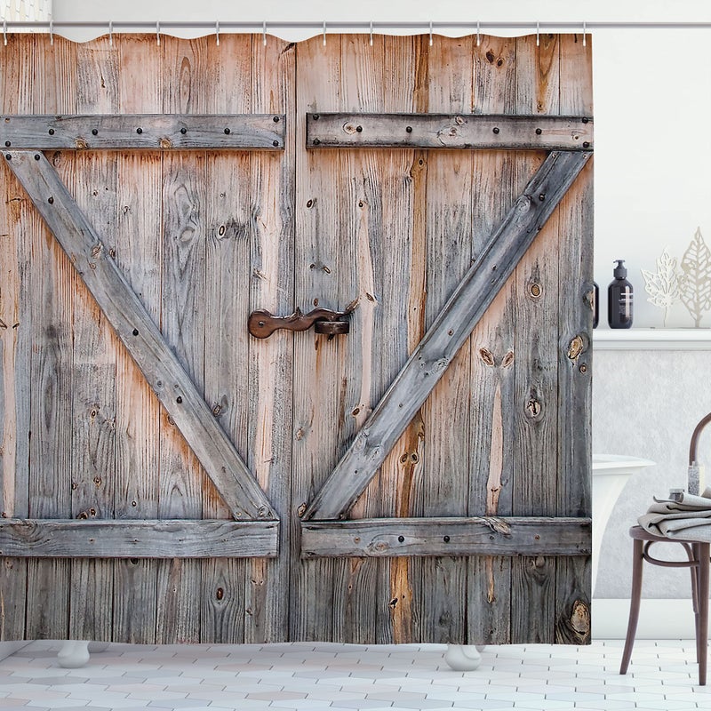أمبيسون Ambesonne Rustic Shower Startain Old Wooden Garage Door American Native Country Farm Astric - Image 1