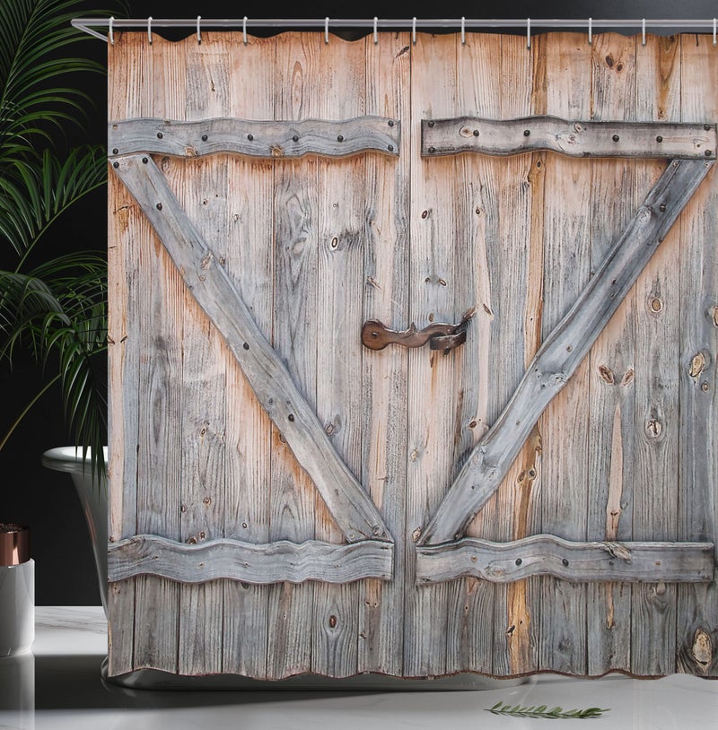 أمبيسون Ambesonne Rustic Shower Startain Old Wooden Garage Door American Native Country Farm Astric - Image 3