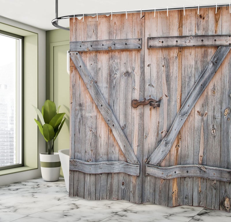 أمبيسون Ambesonne Rustic Shower Startain Old Wooden Garage Door American Native Country Farm Astric - Image 4