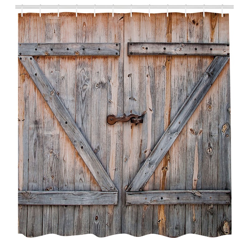 أمبيسون Ambesonne Rustic Shower Startain Old Wooden Garage Door American Native Country Farm Astric - Image 2
