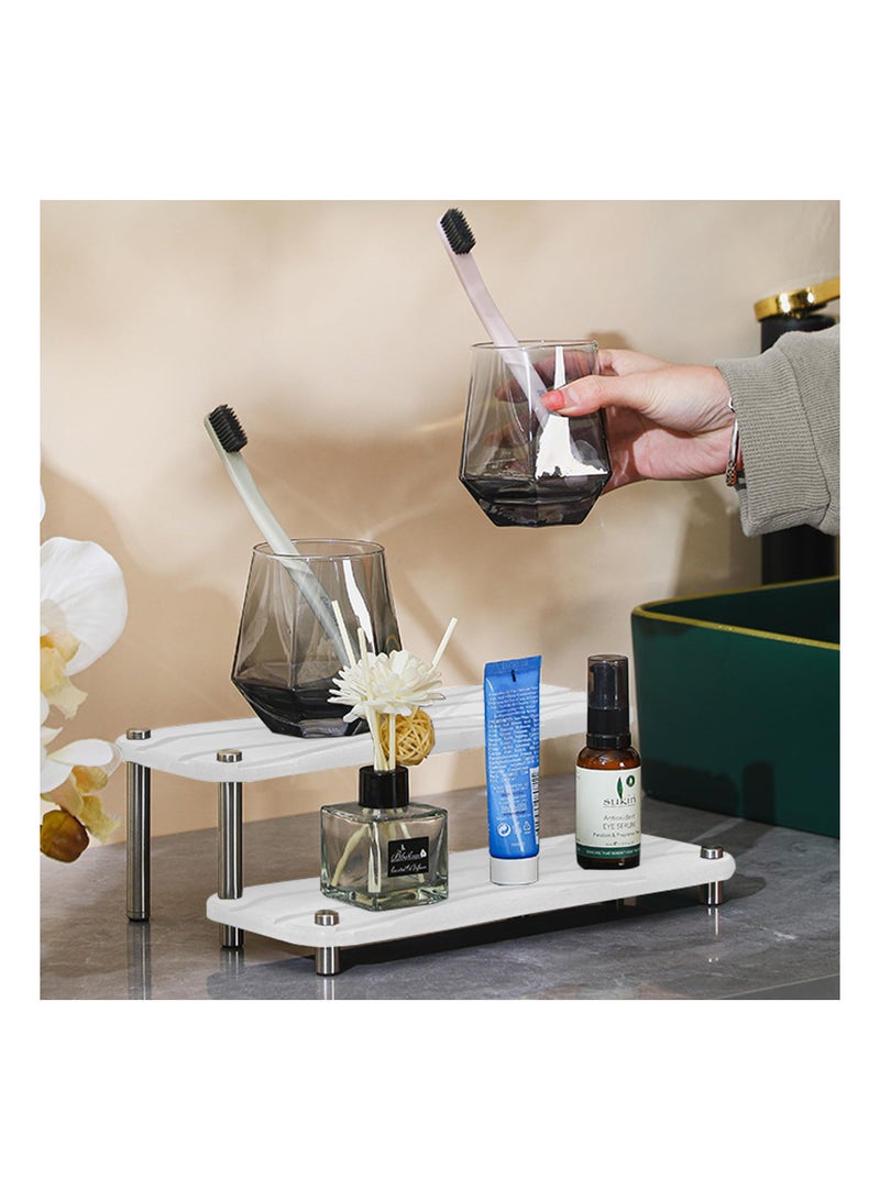 KASTWAVE صينية حوض تجفيف سريع الحجر، منظم حوض المطبخ لحامل الإسفنج، منظم سطح الطاولة في الحمام، رف حوض سريع التجفيف ذو طبقتين لامتصاص الماء، أبيض - Image 1