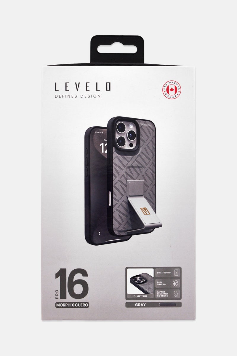 LEVELO iPhone 16 Pro Morphix Cuero Protective Case With Grip Stand, Grey - Image 3