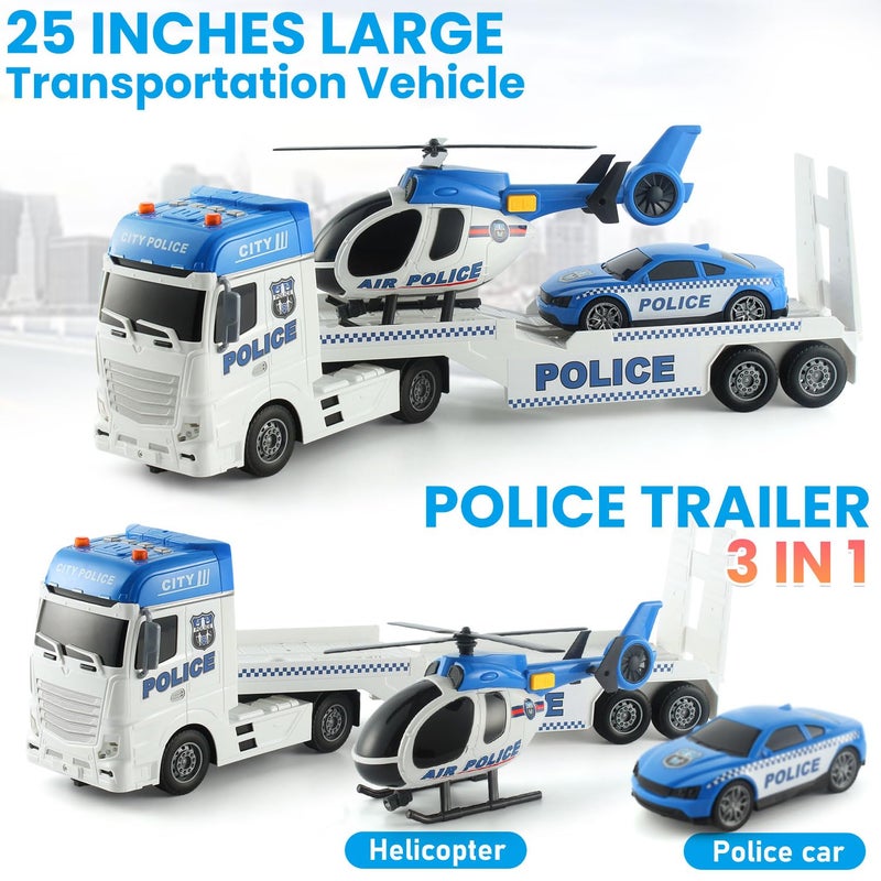 CSDCSD 25.6'' Large Police Car Toy and Semi Truck Toy with Racing Car and Helicopter - Police Toys,Birthday Gifts for Kids Child 3 4 5 6 Years Old - Image 2