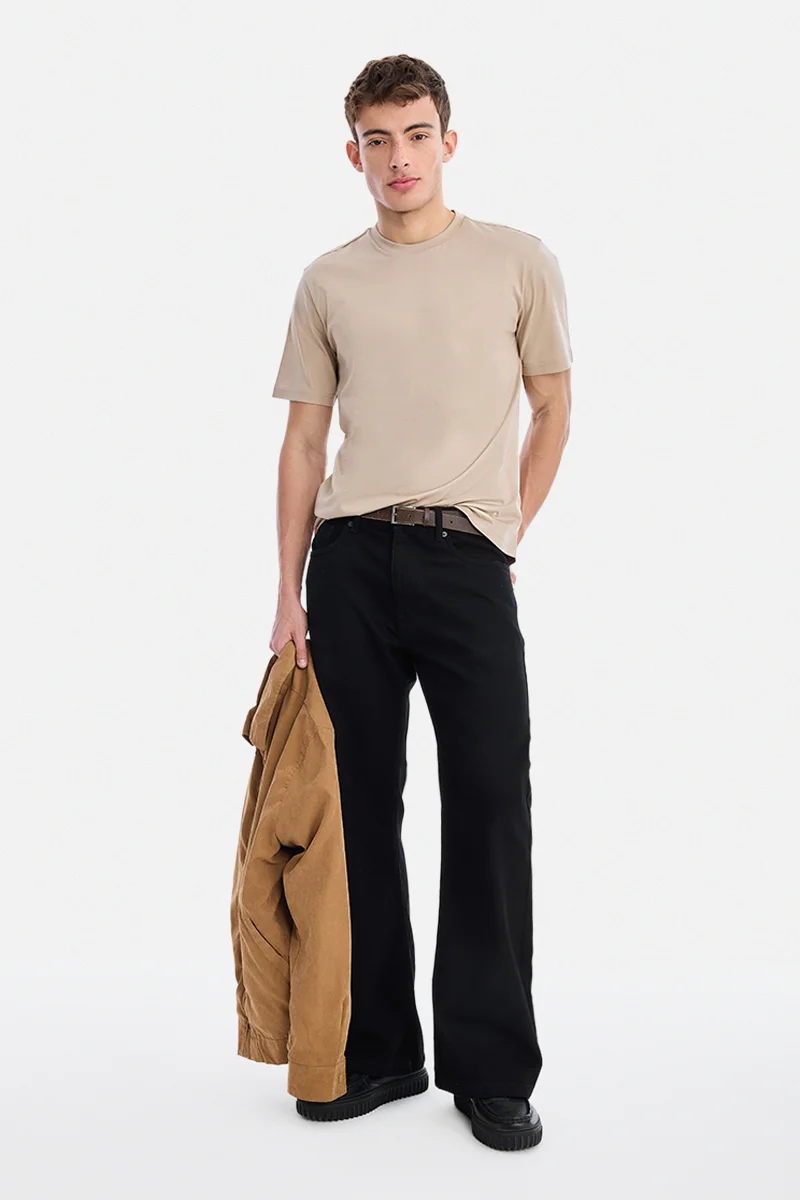 سنيتش Beige Solid Half Sleeve Regular Fit Casual Luxe T-Shirt