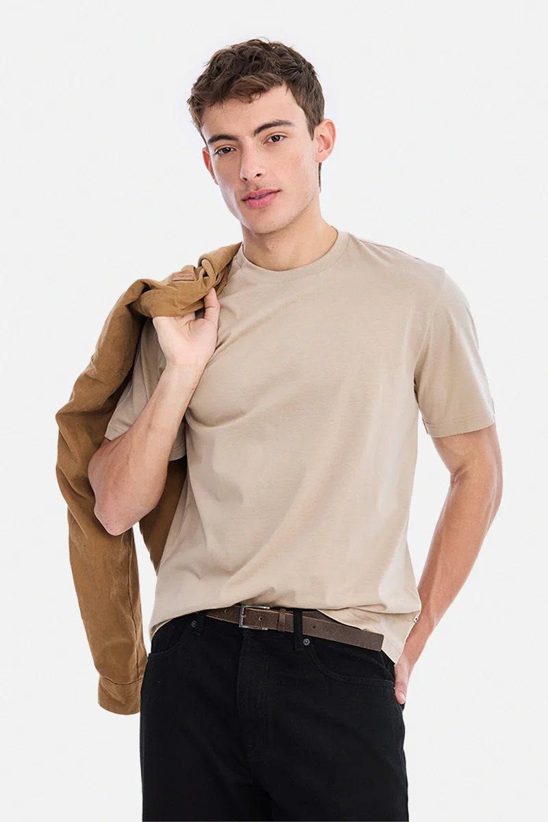 سنيتش Beige Solid Half Sleeve Regular Fit Casual Luxe T-Shirt