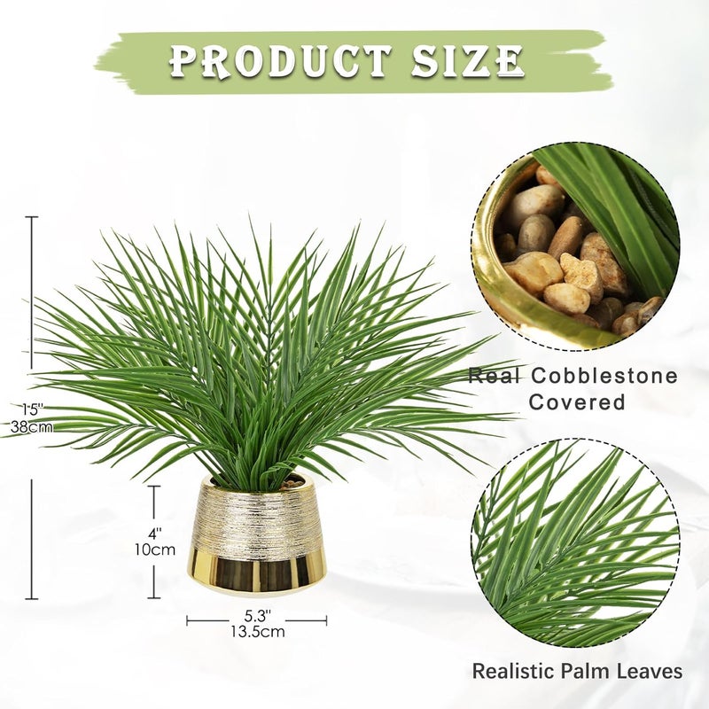 Briful Fake Plants Artificial Palm Leaf Plant in Gold Planter – 15’’ Tall Faux Tropical Greenery in Brushed Gold Pot for Modern Home Decor, Office Desk, Living Room, Shelf, Bathroom Decoration - Image 5