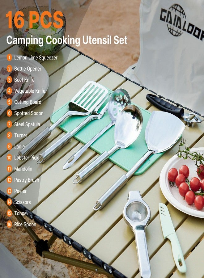 GAIALOOP Camping Cooking Utensils Set 16 PCS Camp Kitchen Cookware Kit with Organizer Bag, Portable RV Camping Essentials Camper Must Haves for Cookouts Open Fire Pit - Image 2