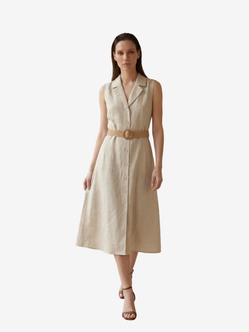 My Fashion Stone Natural MY FASHION Sleeveless Midi Shirt Dress for Women | Best Price UAE
