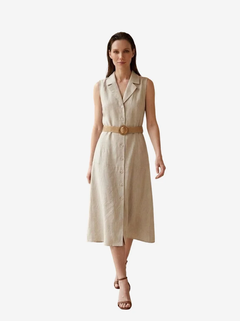 My Fashion Stone Natural MY FASHION Sleeveless Midi Shirt Dress for Women | Best Price UAE