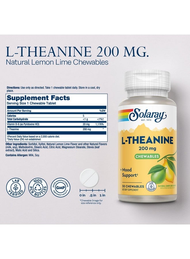 SOLARAY سولاري L ثيانين 200 ملغ، مكمل دعم المزاج مع فيتامين B6 - دعم مهدئ أثناء التوتر العرضي - نكهة الليمون واللايم الطبيعية - ضمان 60 يوم، مختبر موثق - 30 حصة، 30 مضغ - Image 2