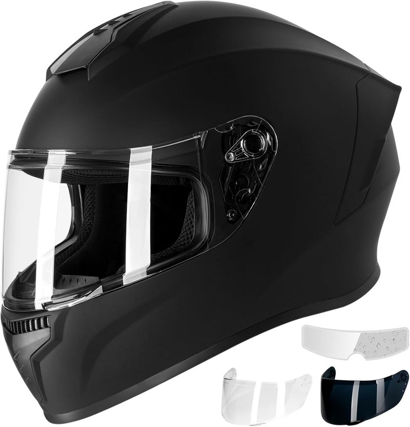Favoto DOT Approved Full Face Motorcycle Helmet with Anti-Fog Film - Matte Black, Size L - Image 1