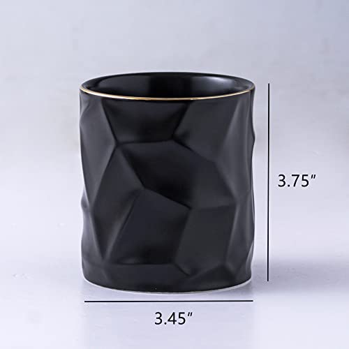 YOSCO Ceramic Irregular Round Pen Holder For Desk Cute Stand Gold Line Aesthetic Pencil Cup Pot Desk Organizer for Men Women Makeup Brush Holder (Black) - Image 2