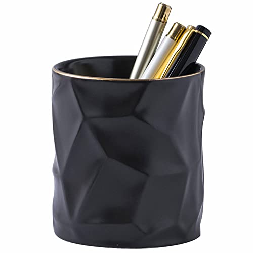 YOSCO Ceramic Irregular Round Pen Holder For Desk Cute Stand Gold Line Aesthetic Pencil Cup Pot Desk Organizer for Men Women Makeup Brush Holder (Black) - Image 1