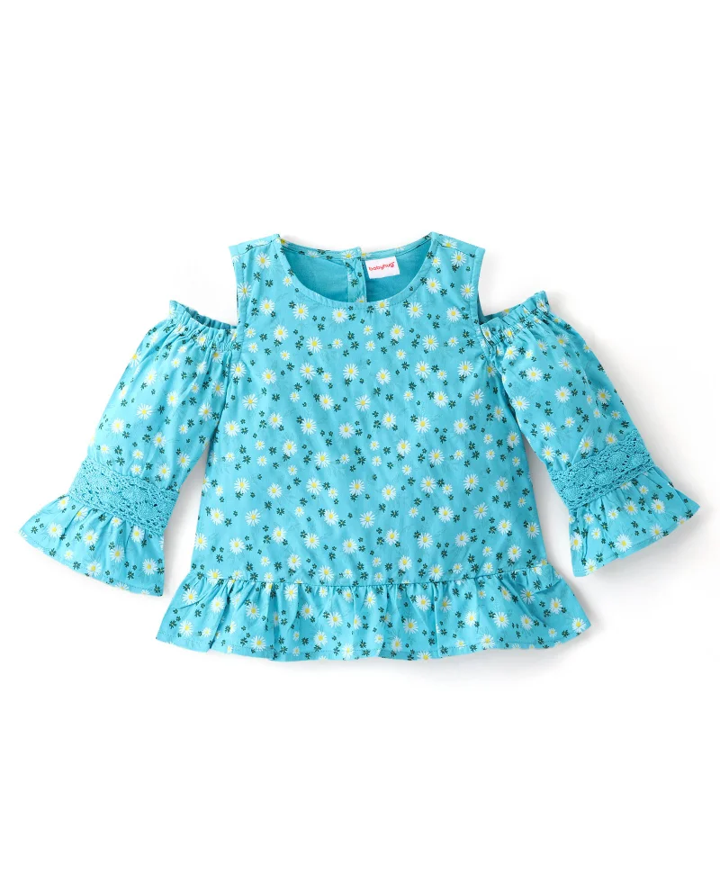 babyhug Babyhug Rayon Full Sleeves Cold Shoulder Floral Printed with Lace Detailing Top - Blue