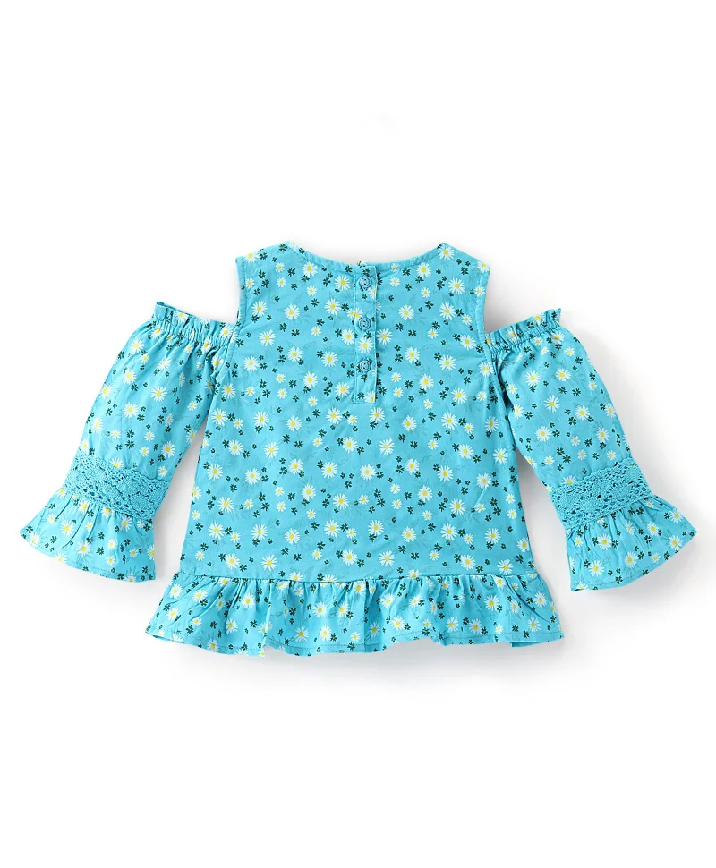 babyhug Babyhug Rayon Full Sleeves Cold Shoulder Floral Printed with Lace Detailing Top - Blue