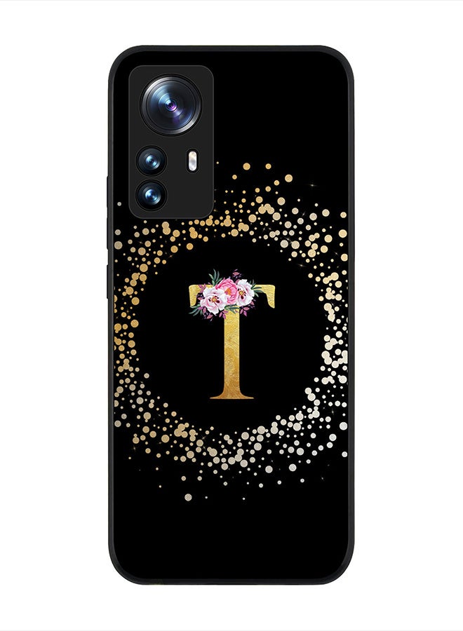 Stylizedd Rugged Black edge case for Xiaomi 12 Pro, Slim fit Rubber Edges Thin Cover -  Custom Monogram Initial Letter Floral Pattern Alphabet - T  (Black ) - Image 1