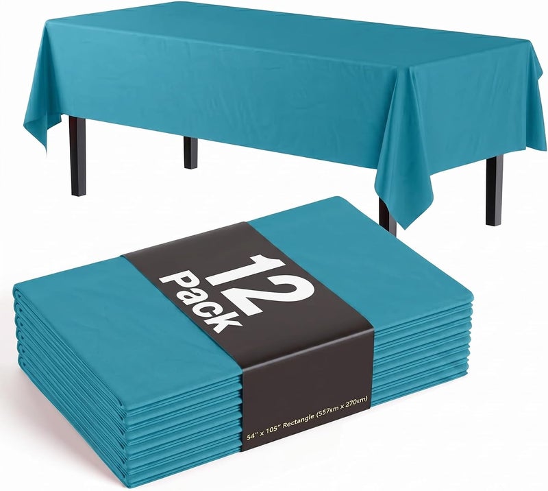 Exquisite Party Solids 12-Pack Premium Plastic Tablecloth 54in. x 108in. Rectangle Table Cover - Turquoise - Image 1